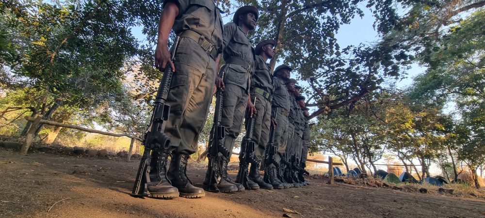 Rangers on patrol in rugged bush terrain